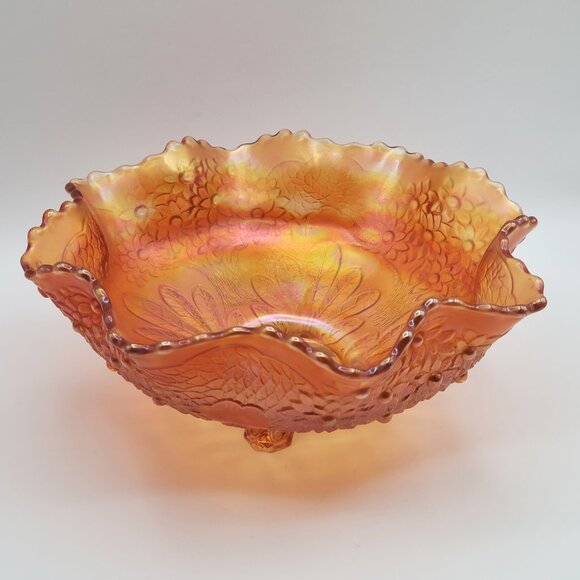 Fenton Orange Tree 4 Foot Marigold Iridescent Carnival Glass Ruffled Bowl 10" - Picture 7 of 15